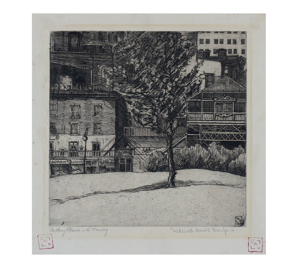 Etching of Battery Place, New York City, depicting a solitary tree with a wall of buildings in the background.