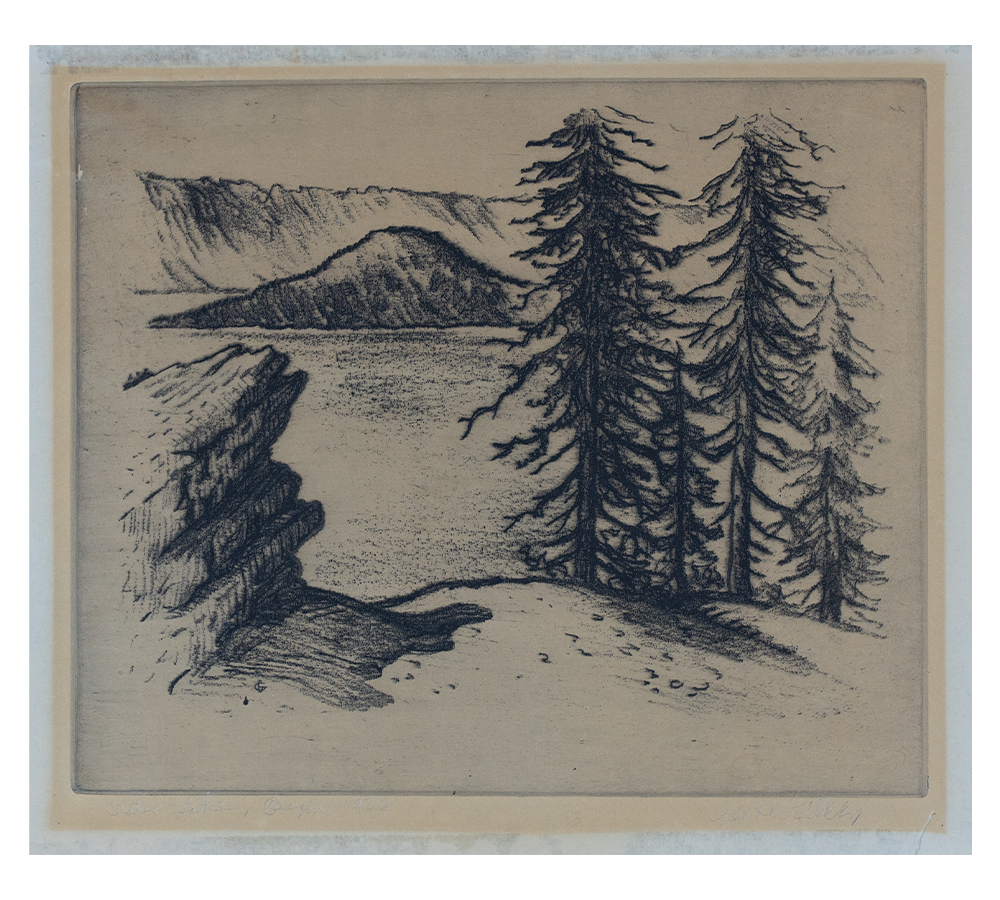 An early etching depicting Crater Lake