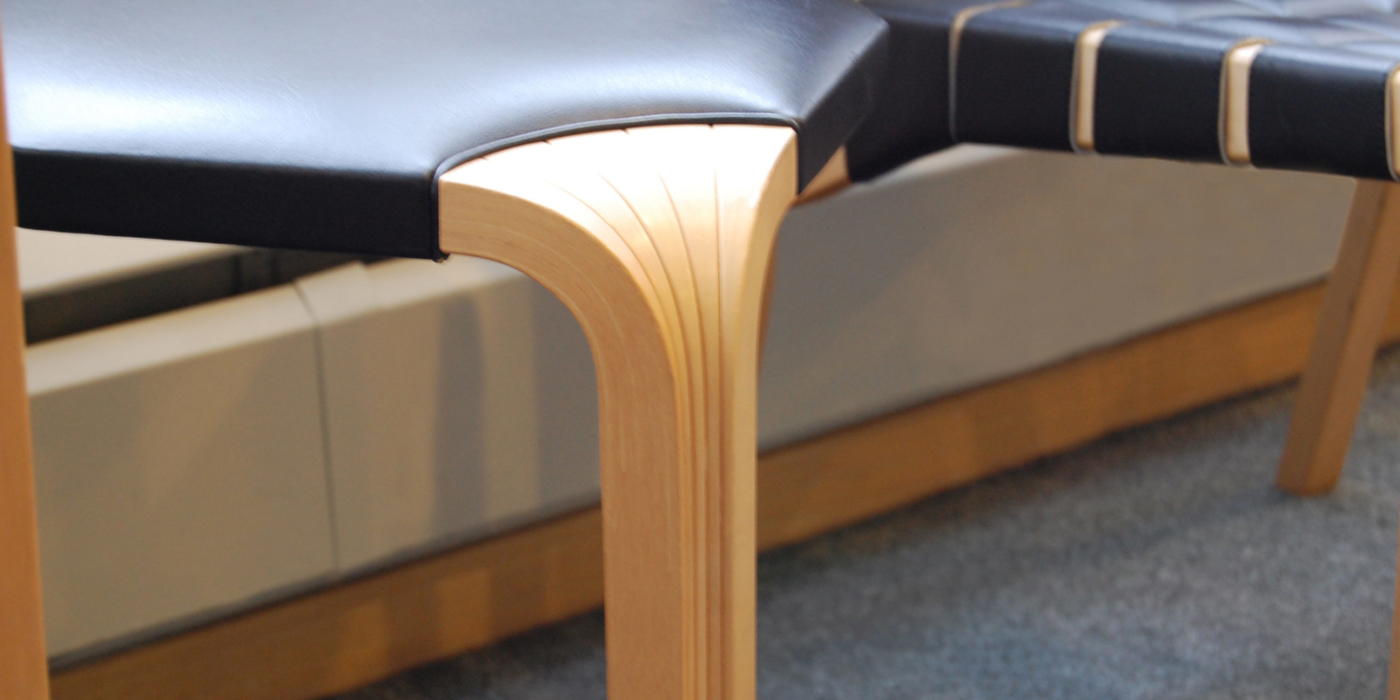 Fan-leg, bent-wood construction of chair leg by Alvar Aalto at Mount Angel Abbey.