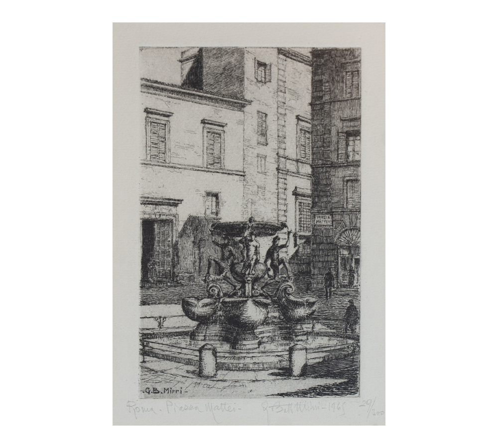 Intaglio captures a view of the Fontana delle Tartarughe (The Turtle Fountain) in Piazza Mattei, Rome.