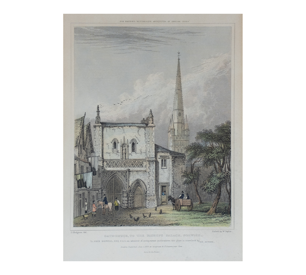 Hand-colored etching. In this English cityscape, the Norwich Cathedral spire rises high into the skyline, where birds fly over the buildings. City-folk and animals (horses, dog, chickens, and a rooster) populate the foreground.