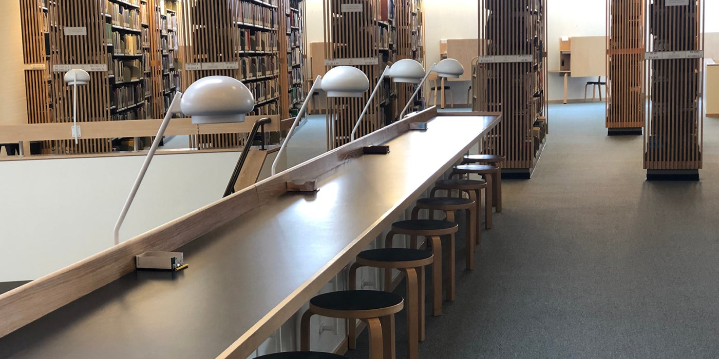 Library study stations designed by Alvar Aalto, Mount Angel Abbey library.