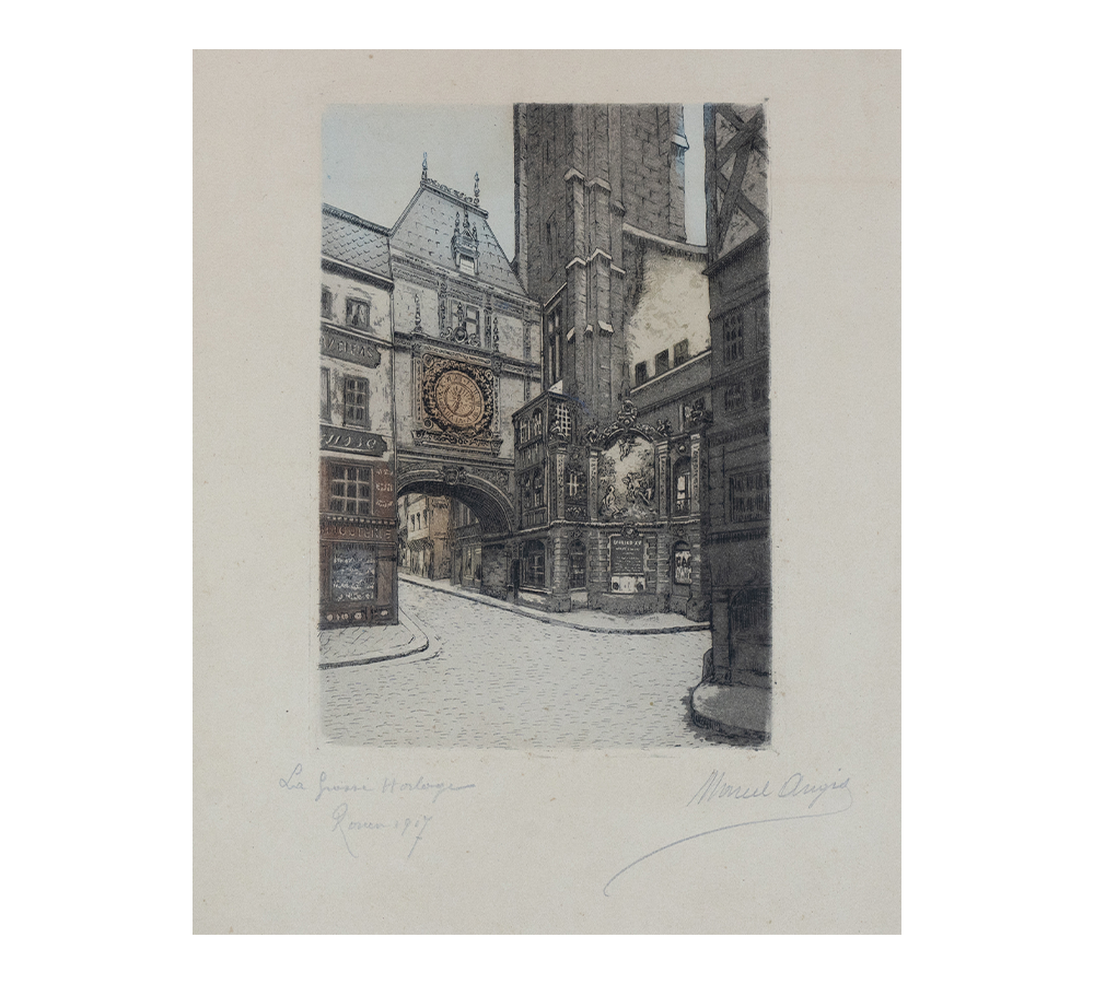 A beautiful topographical aquatint etching, depicting the Ark of the Great Clock of Rouen. The astronomic clock lays on a Renaissance arch spanning the street Rue du Gros-Horloge, and it is flanked by a Gothic belfry from the 14th century. Signed in pencil by Marcel Augis in the lower right corner, 1917.