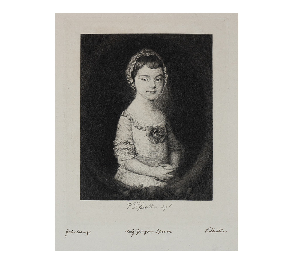 Etching of Lady Georgiana Spencer, or Georgiana Cavendish, Duchess of Devonshire, at age 6. Shown half-length, a young girl faces the viewer with her hands clasped in front of her, wearing a bonnet and a frilly dress and surrounded by an ovular frame.