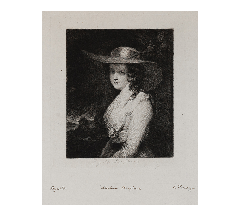 Drypoint etching shows Lavinia facing left, with a largely profile view, her face turned toward the viewer. She wears a wide-brimmed hat and a white gown.
