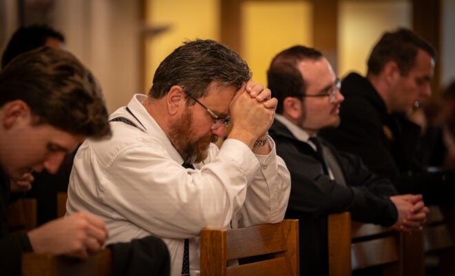 Seminarians in the propaedeutic program at prayer in St. Joseph chapel at Mount Angel.