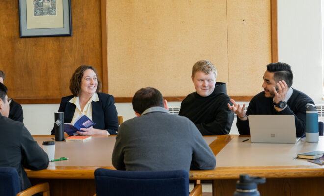 Professor Katie Jo LaRiviere teaches a class at Mount Angel Seminary.