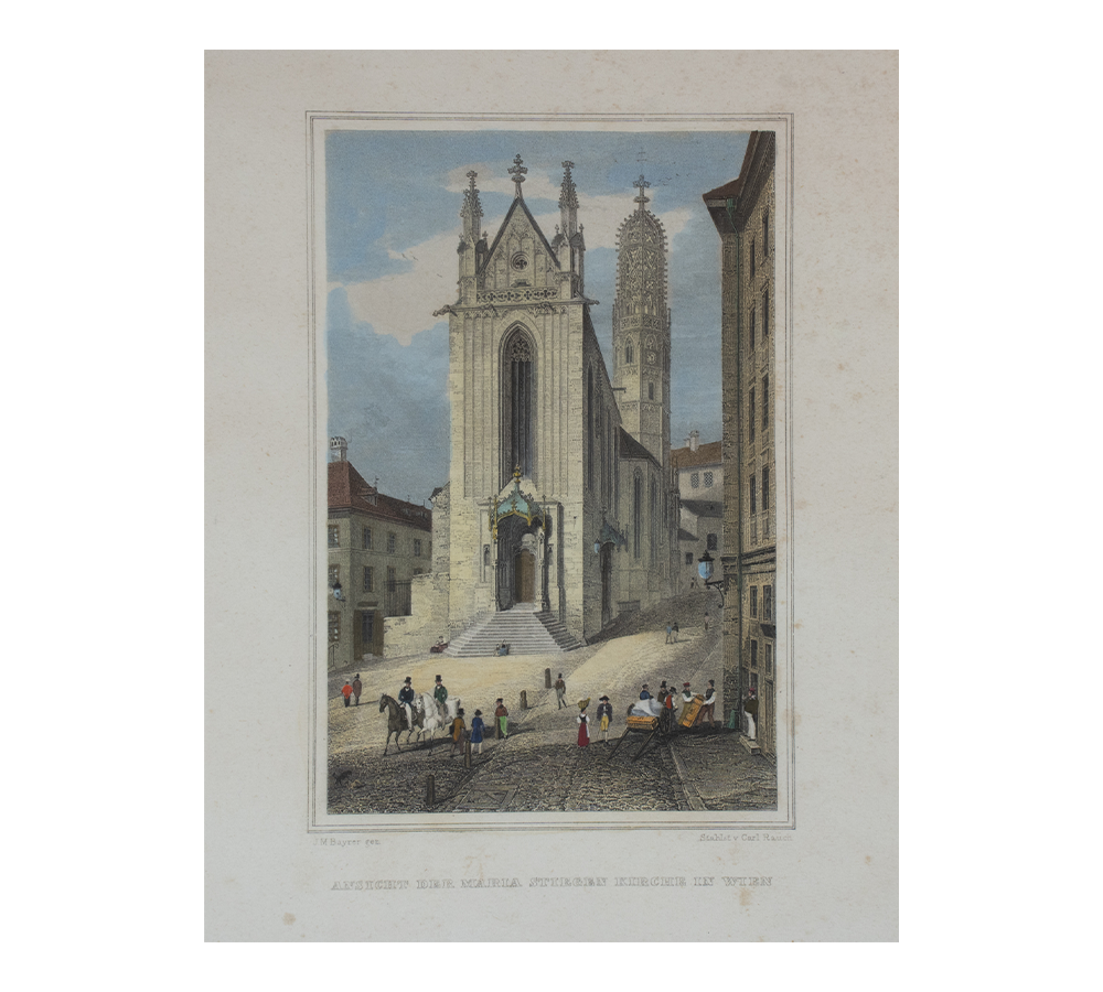 Hand-painted steel engraving. This print shows a street view of Maria am Gestade (Mary at the Shore), one of the oldest Gothic churches in Vienna, Austria. Passersby go about their daily activities on foot or by horse, with the dominating presence of the church towering above them.