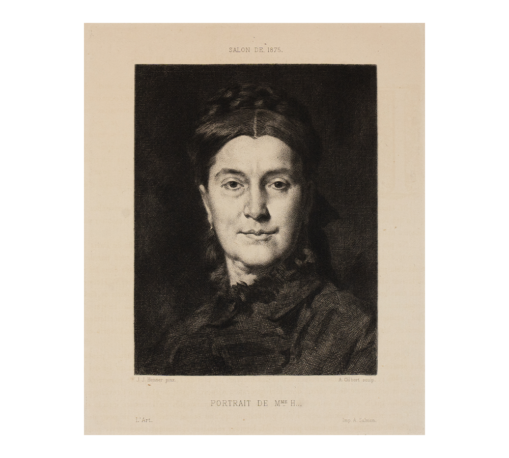 Etching of a bust-length portrait, Madame Herzog looks out at the viewer with a confident gaze and a captivating sense of presence.