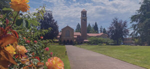 A paved pathway on the hilltop leads all to the Abbey church at Mount Angel.