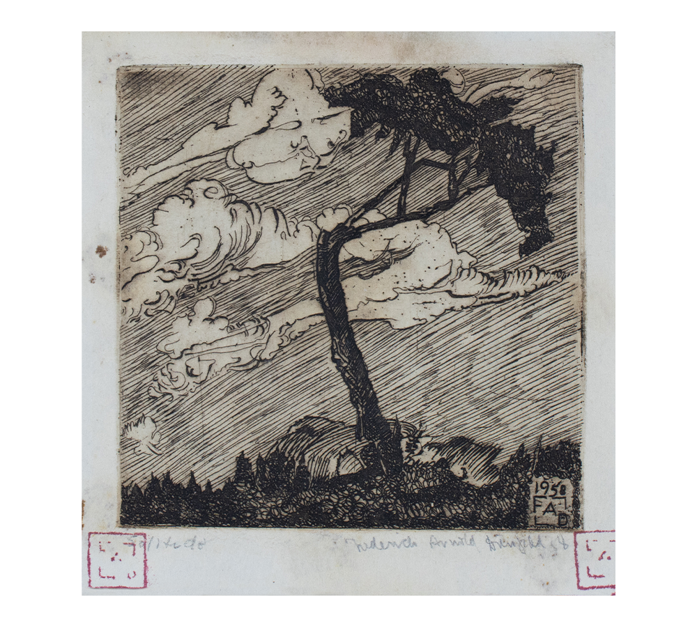Etching depicting a solitary tree blowing in a stormy landscape.