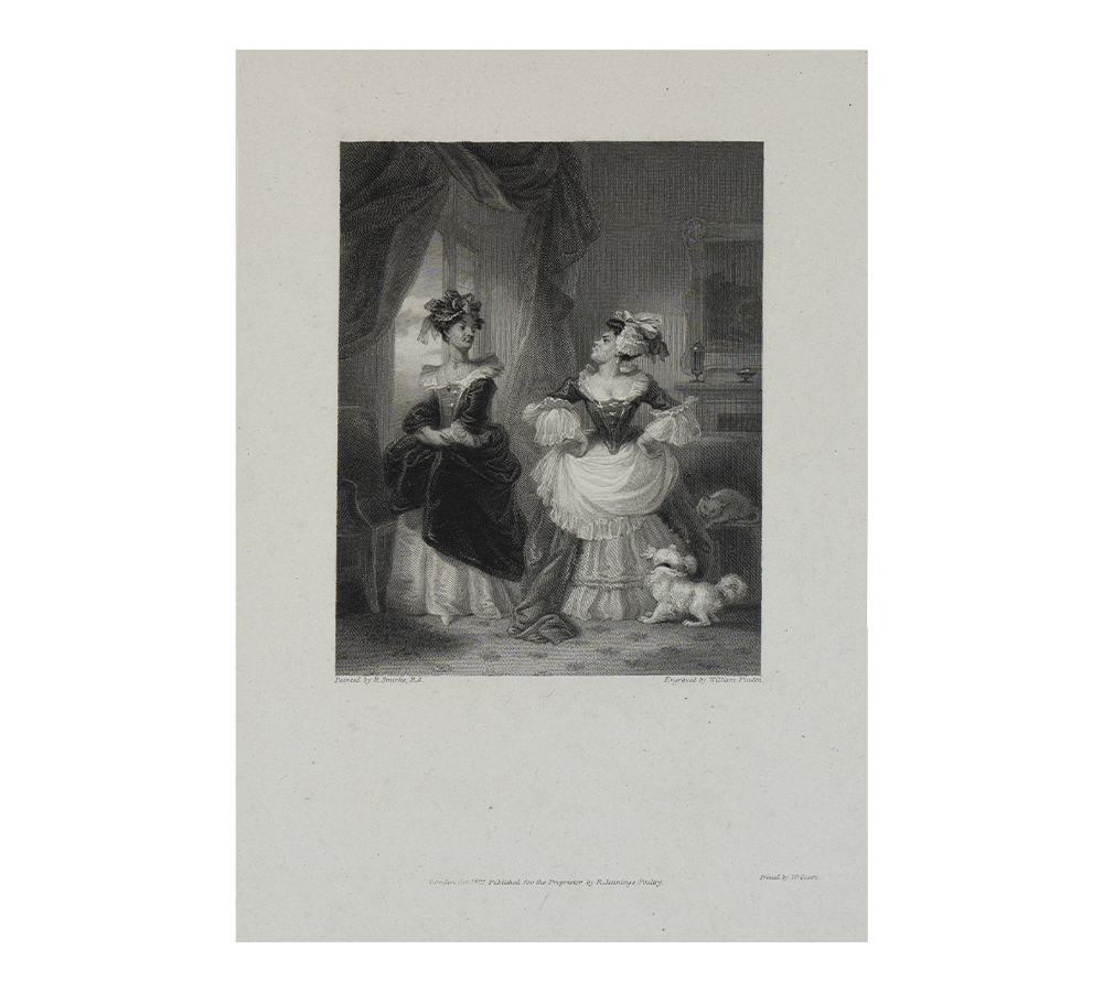 Etching and engraving on Chine collé (see accordion 1) of two elaborately dressed women standing in a richly furnished room making faces at each other as a dog and a cat play next to them.