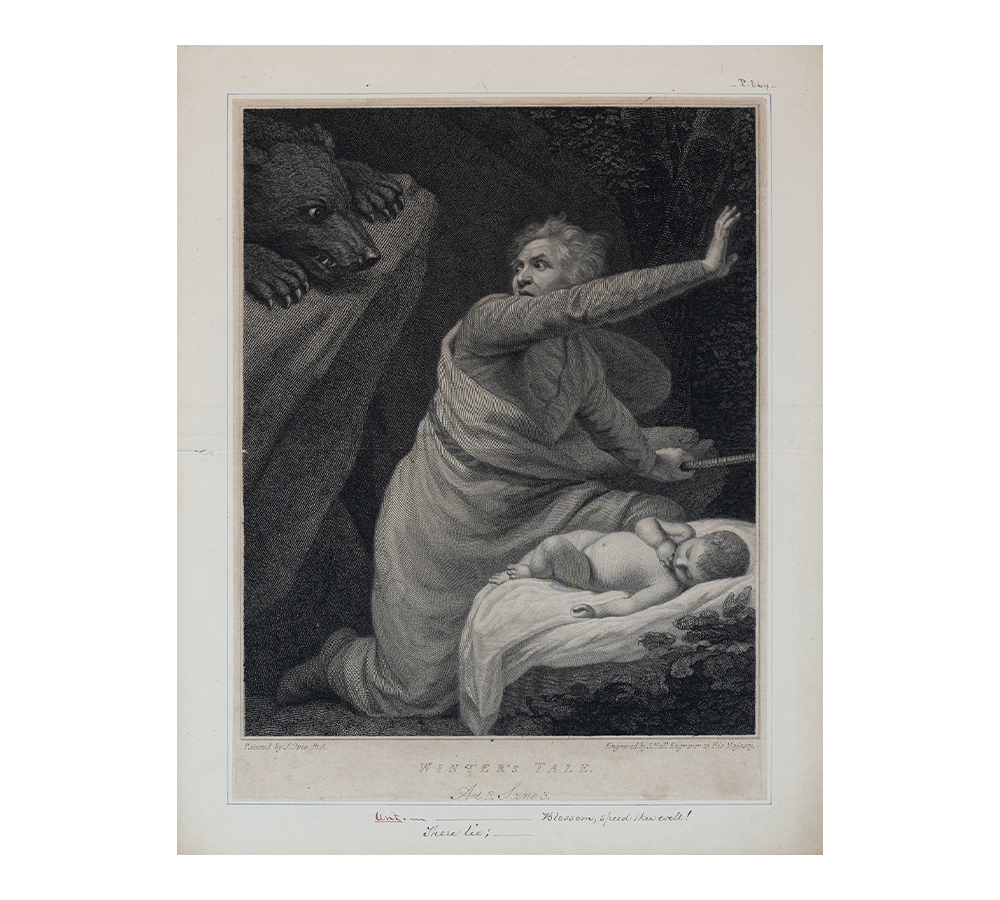 Engraving of Shakespeare’s “Winter’s Tale,” Act 3, Scene 3. Antigonous has taken the infant Perdita into the forest to abandon her, but he is startled by the bear who will bring about his death.