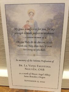 Back of holy card of Br La Vang Faustina O.S.B., on the day of his Solemn Profession, September 13, 2022