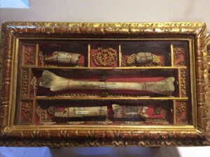 Relics on display during the feast of All Saints. The center relic is the bone of St. Boniface