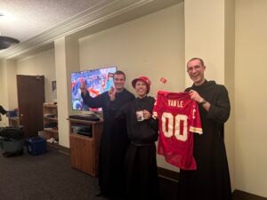 Super Bowl Sunday 2024 Br Matthew Fr John Paul and Br Ambrose celebrate
