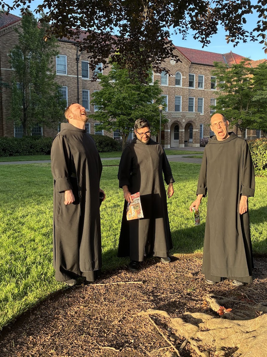 Laughing monks in back garden